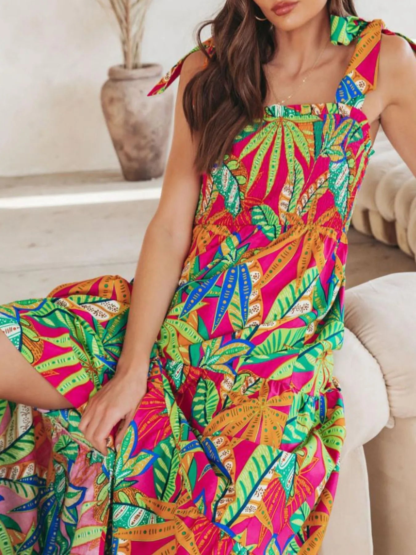 Tropical Print Tie Shoulder Maxi Dress