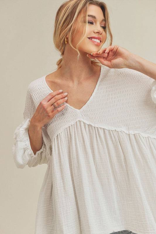 Aemi + Co High-Low Frayed Hem V-Neck Blouse - Clothes For Her Online Store
