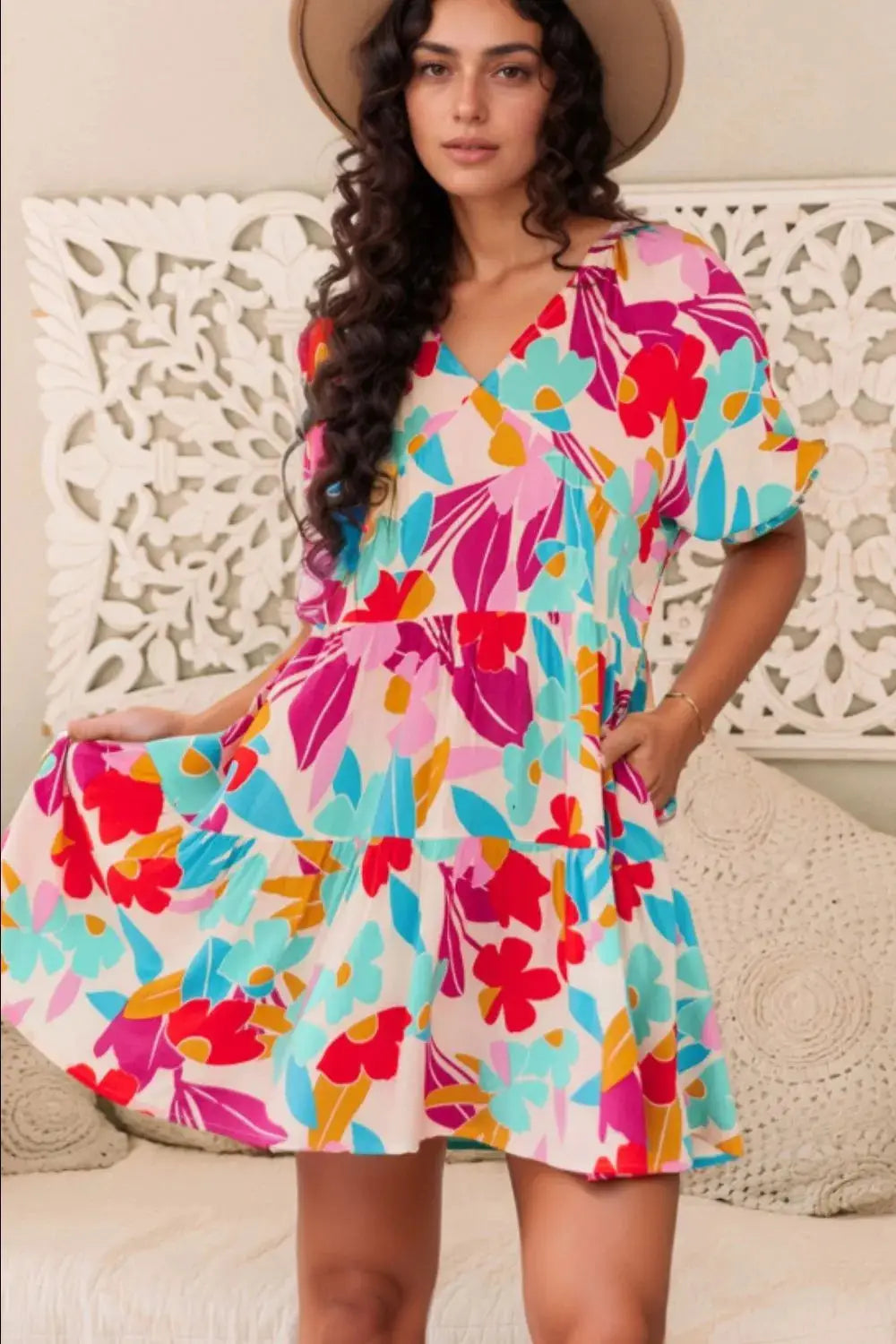 Floral Bubble Sleeve V Neck Tiered Ruffle Babydoll Dress - Clothes For Her Online Store