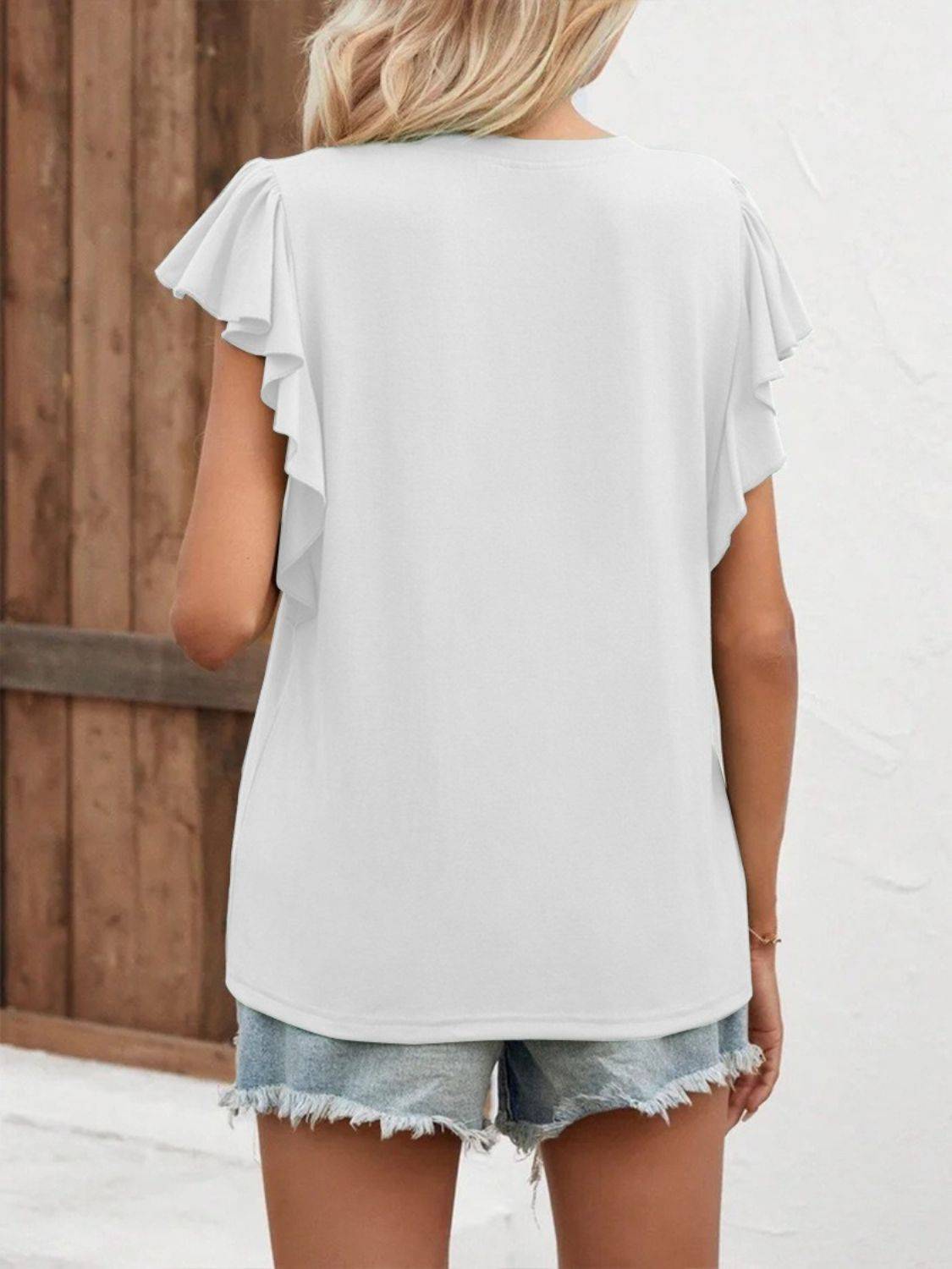 Full Size Ruffled Notched Cap Sleeve T-Shirt - Clothes For Her Online Store