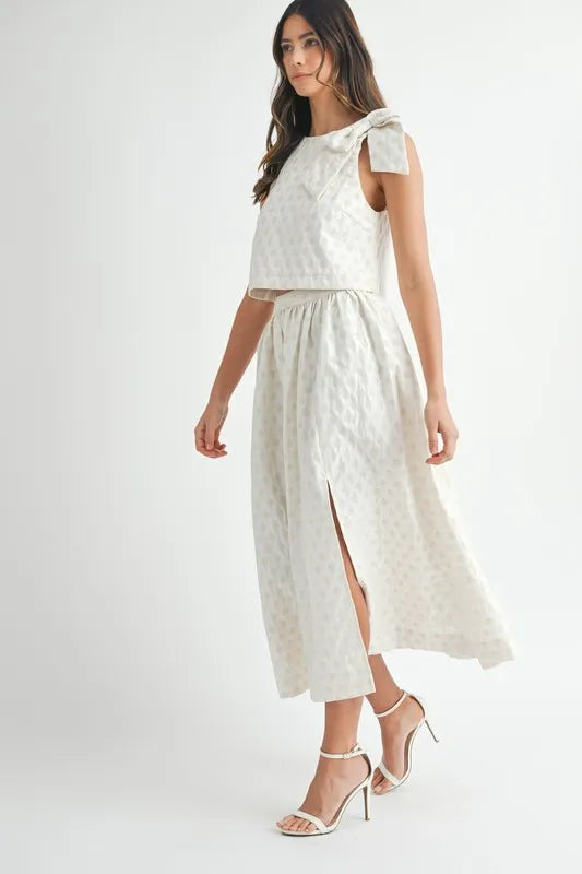 MABLE Taffeta Polka Dot Shoulder Ribbon Top and Skirt Set - Clothes For Her Online Store