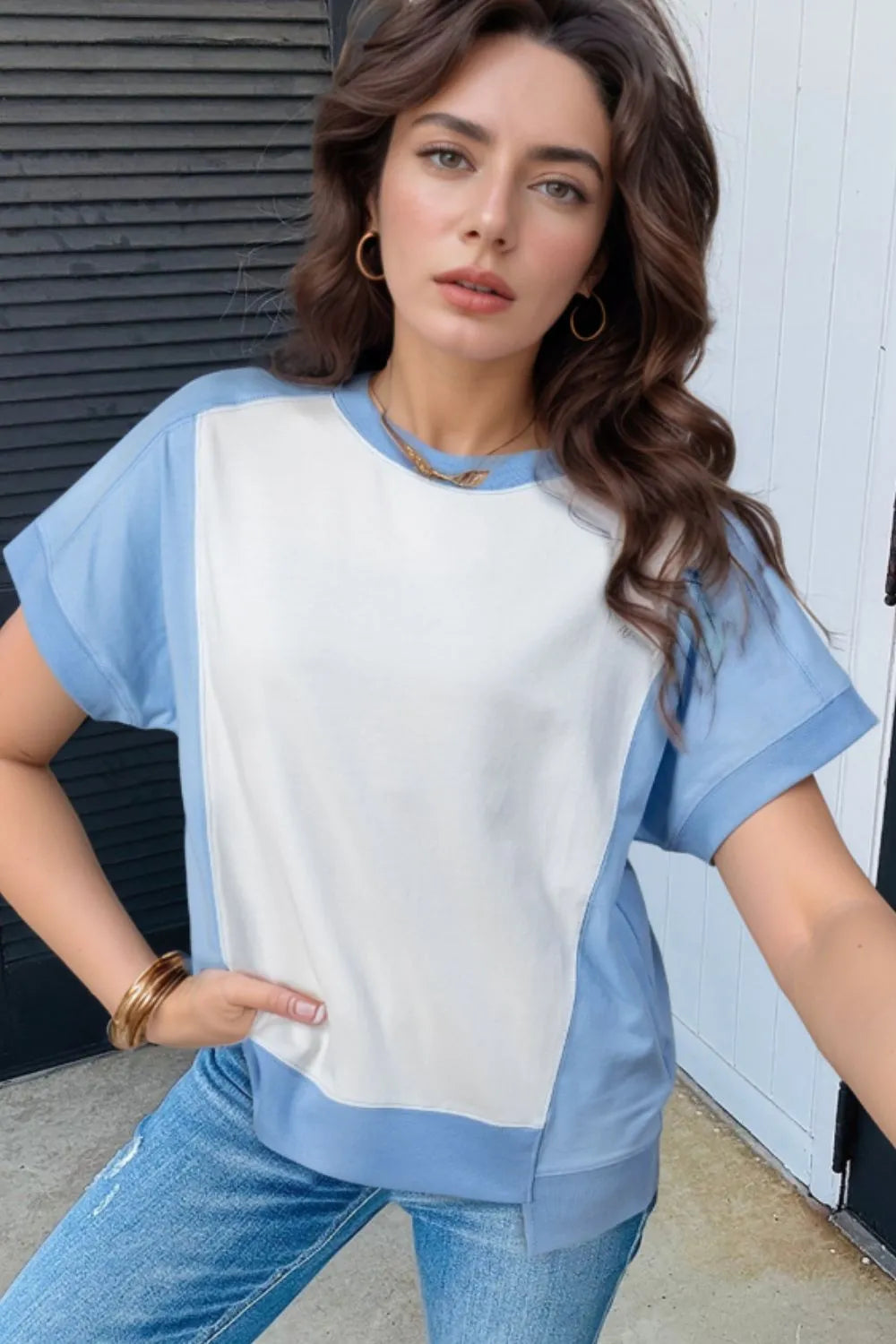 Color Block Exposed Seam Crew Neck T Shirt