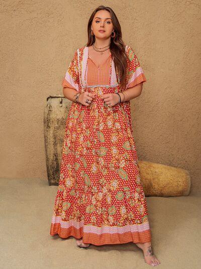 Plus Size Printed Tie Neck Flutter Sleeve Maxi Dress - Clothes For Her Online Store