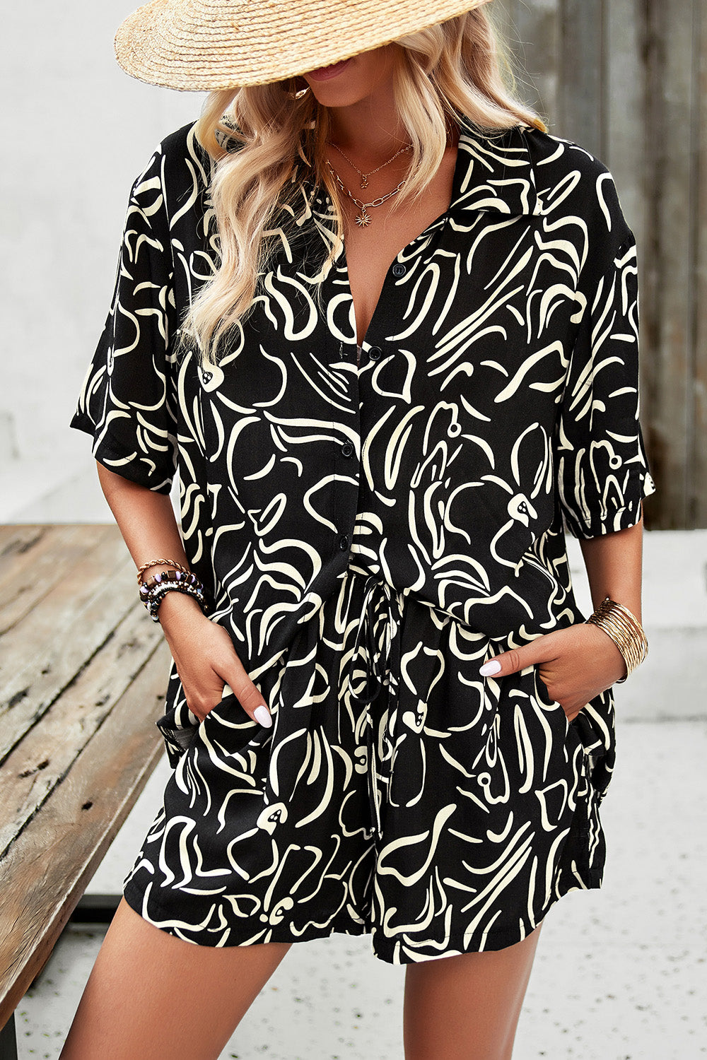 Devine Printed Button Up Shirt and Shorts Set - Clothes For Her Online Store