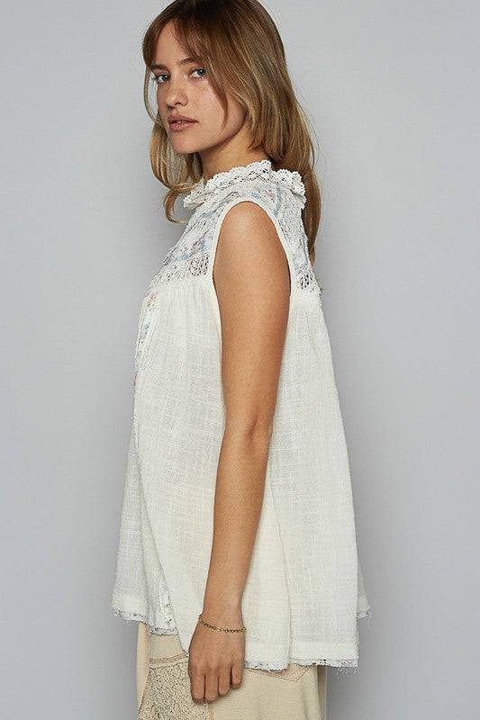 POL Lace Detail Floral Sleeveless Rayon Gauze Top