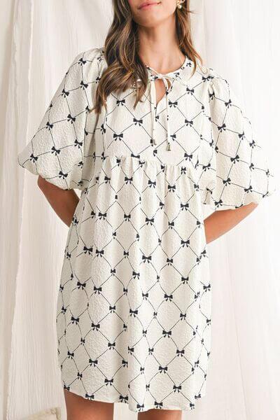 Bow Print Tie Neck Half Sleeve Dress