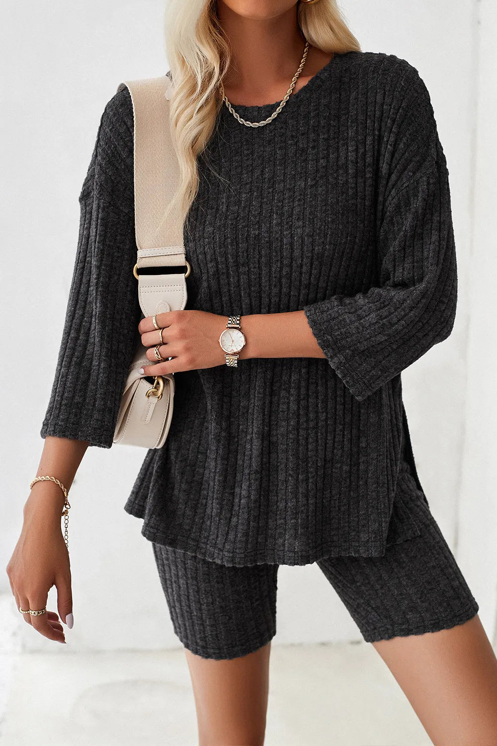 Devine Ribbed Round Neck Top and Shorts Set - Clothes For Her Online Store