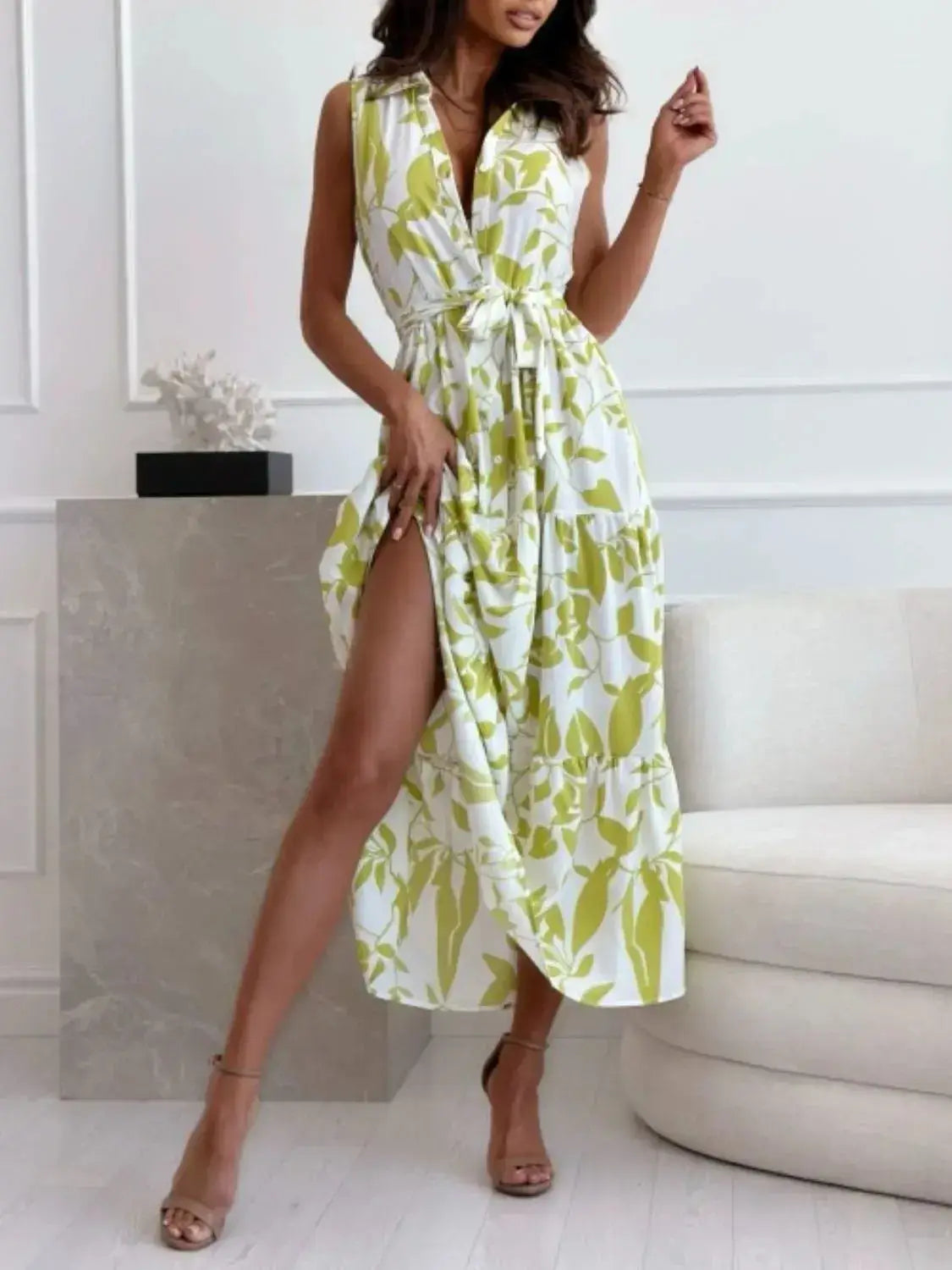 Sleeveless Tie Waist Printed Dress