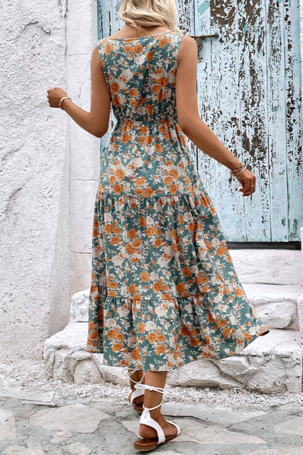 Perfee Floral V-Neck Tiered Sleeveless Dress