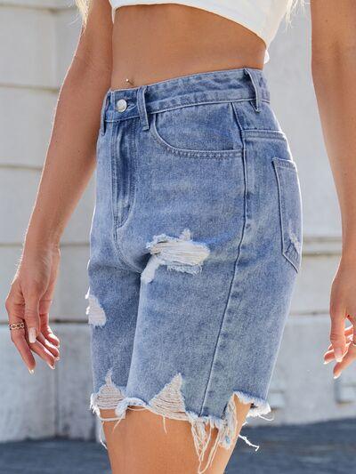 Distressed Raw Hem Denim Shorts