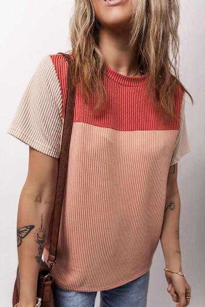 Color Block Round Neck Short Sleeve T-Shirt - Clothes For Her Online Store