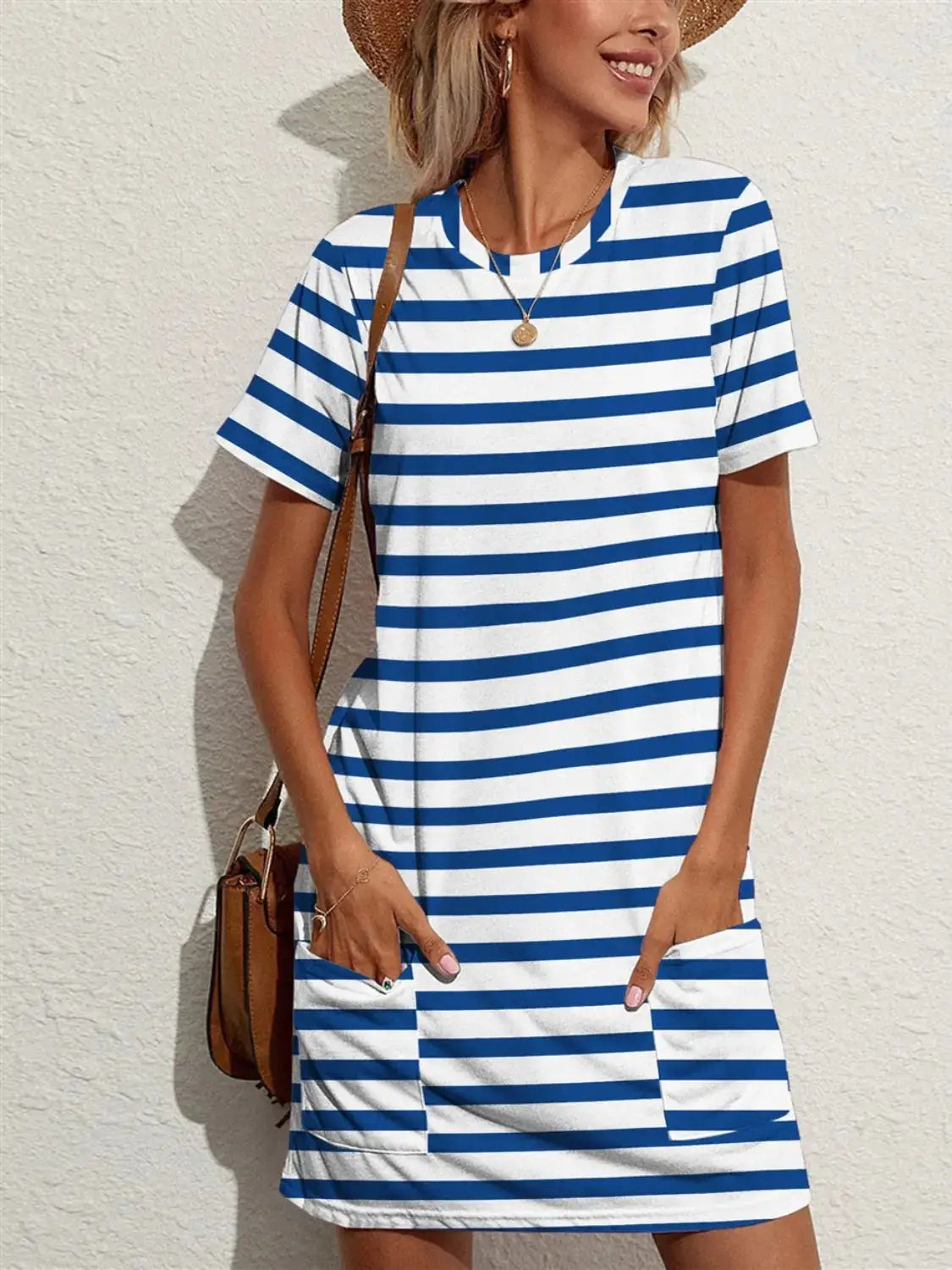 Contrast Striped Round Neck Short Sleeve Dress - Clothes For Her Online Store