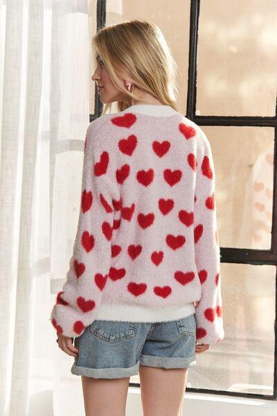 ADORA Fuzzy Heart Button Down Cardigan - Clothes For Her Online Store