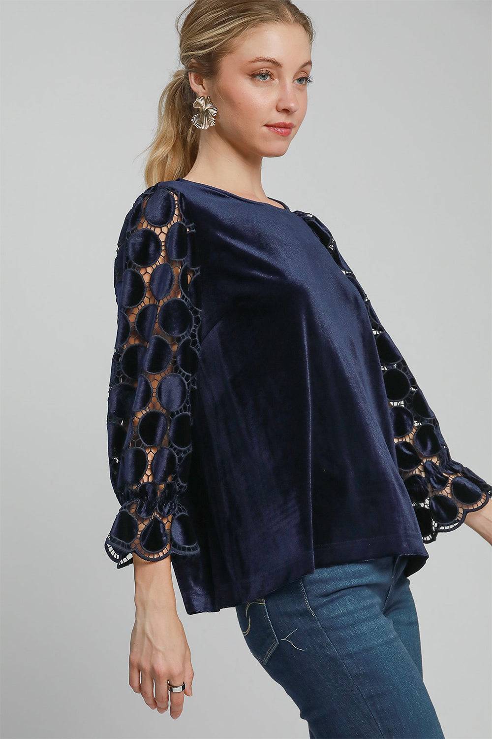 Umgee Polka Dot Lace Long Sleeve Round Neck Blouse - Clothes For Her Online Store