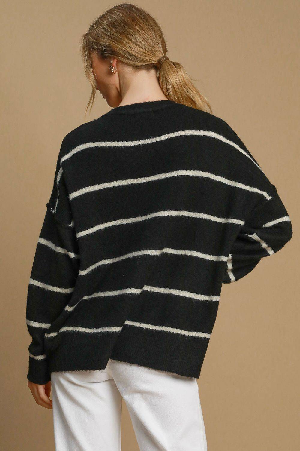Umgee Wool Blend Striped Round Neck Sweater - Clothes For Her Online Store