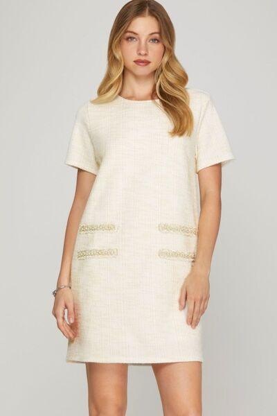 She + Sky Full Size Short Sleeve Pearl Studded Trim Knit Tweed Dress Plus Size - Clothes For Her Online Store