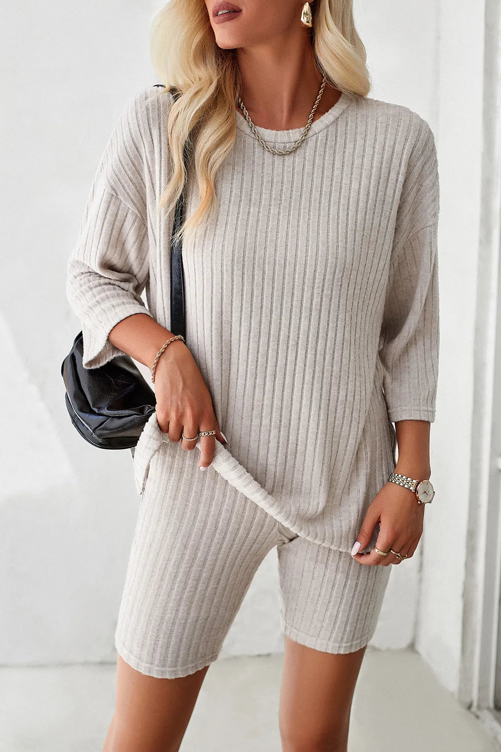 Devine Ribbed Round Neck Top and Shorts Set - Clothes For Her Online Store