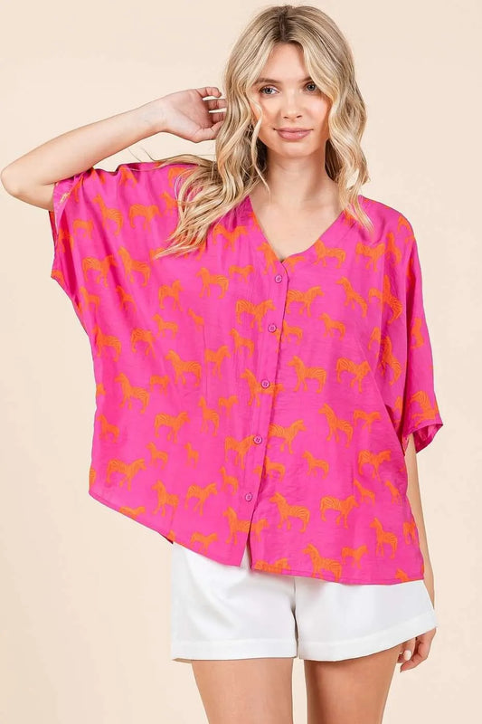 Mittoshop Zebra Print V-Neck Button Down Dolman Sleeve Top