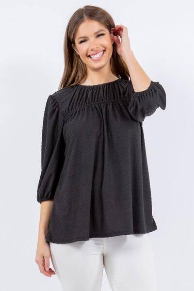 Celeste Full Size Puff Sleeve and Bow Detail Top Plus Size