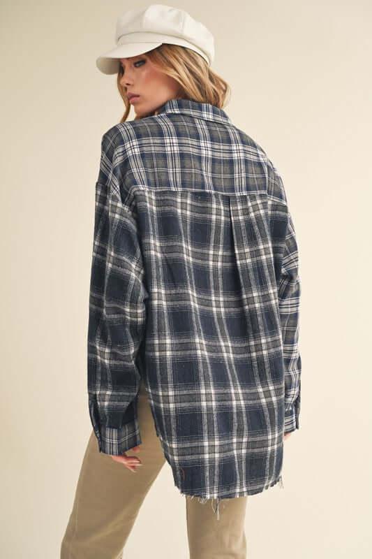 Aemi + Co Frayed Hem Plaid Button Up Flannel Shirt