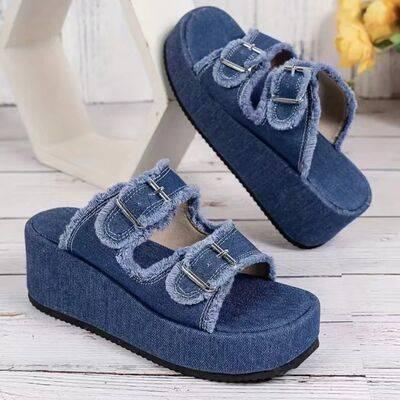 Raw Hem Wedge Buckle Sandals - Clothes For Her Online Store