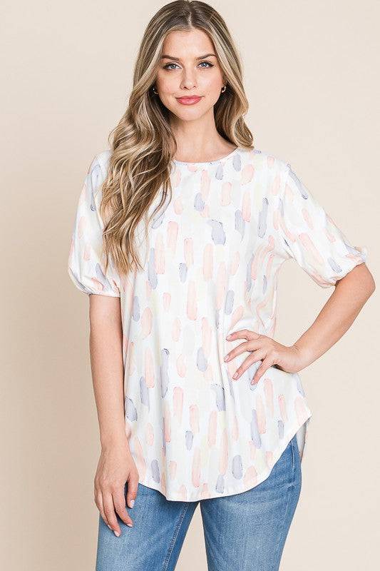 BOMBOM Round Neck Puff Short Sleeve Blouse - Clothes For Her Online Store