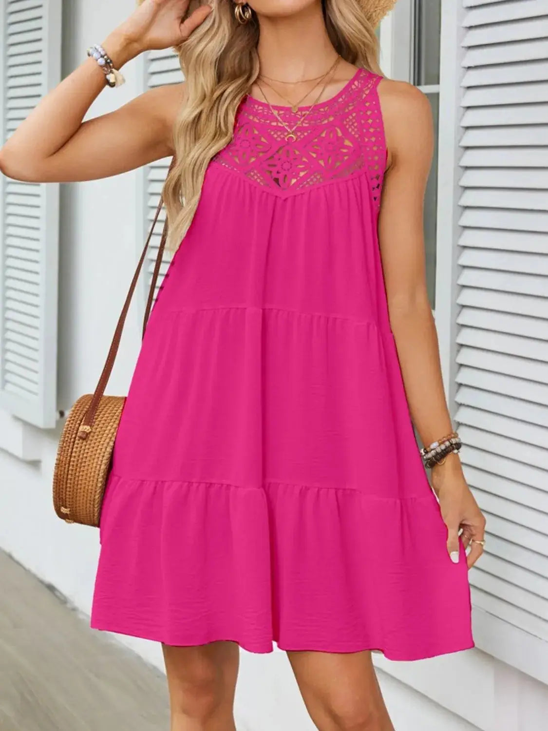 Ruffled Hem Lace Sleeveless Dress - Clothes For Her Online Store