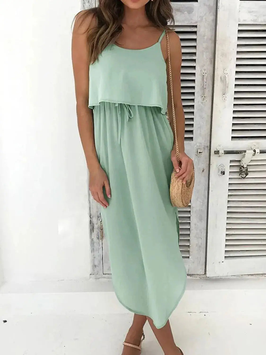 Tied Side Slit Midi Cami Dress - Clothes For Her Online Store
