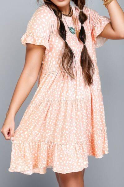 Plus Size Printed Round Neck Flounce Sleeve Mini Dress - Clothes For Her Online Store