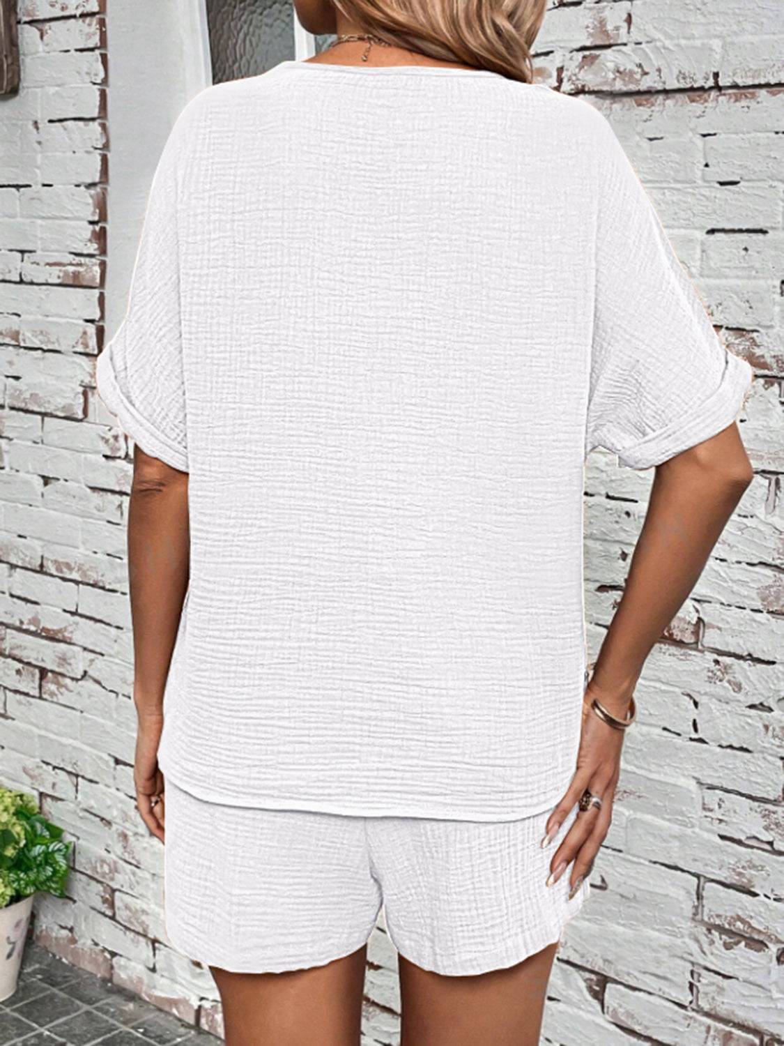 Notched Half Sleeve Top and Shorts Set - Clothes For Her Online Store
