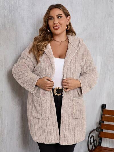 Plus Size Open Front Long Sleeve Hooded Fuzzy Jacket - Clothes For Her Online Store