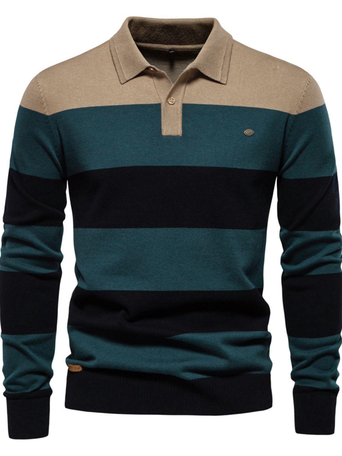 Men's Striped Long Sleeve Knit Polo - Clothes For Her Online Store