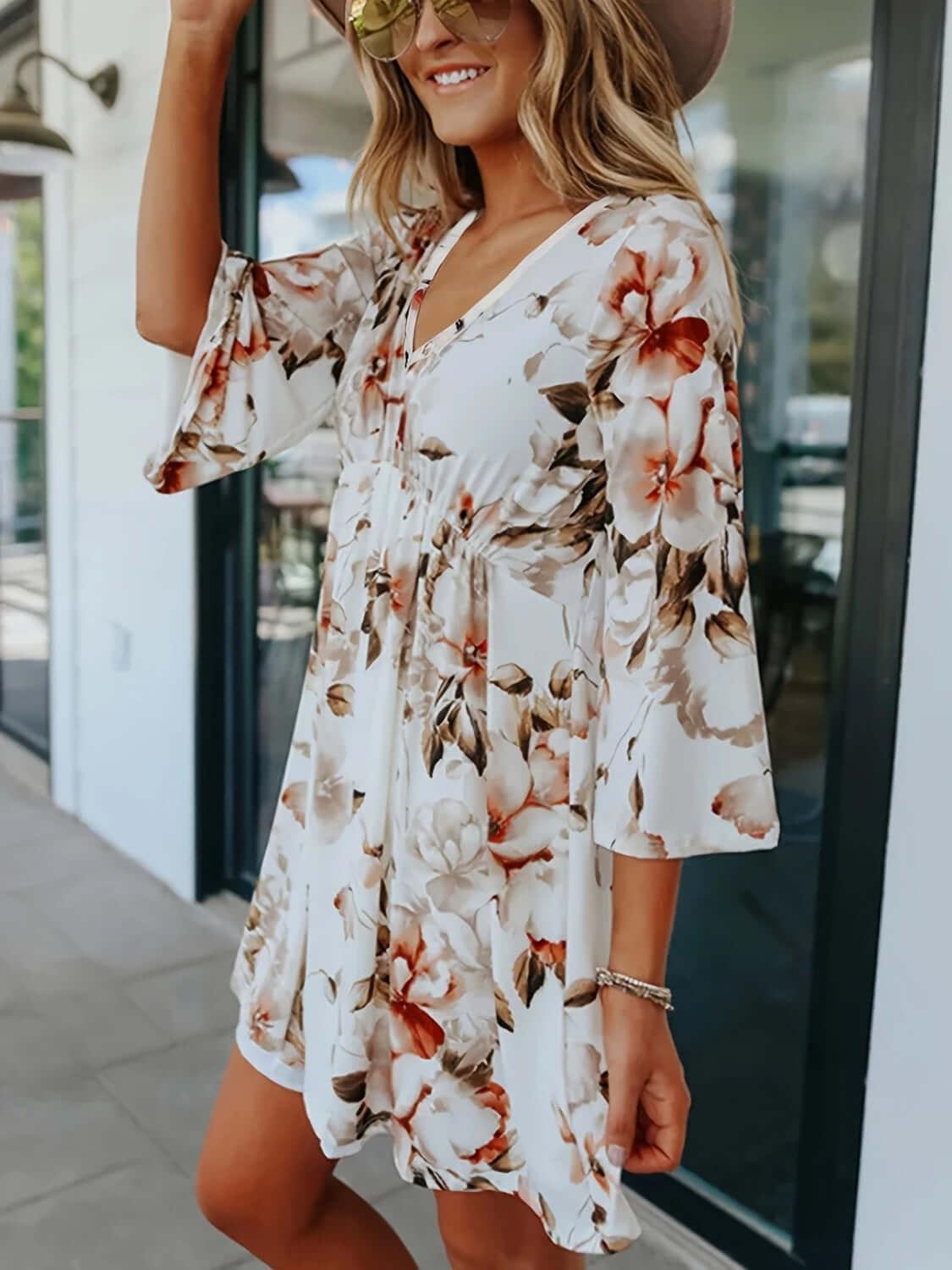 Floral V-Neck Three-Quarter Sleeve Mini Dress - Clothes For Her Online Store