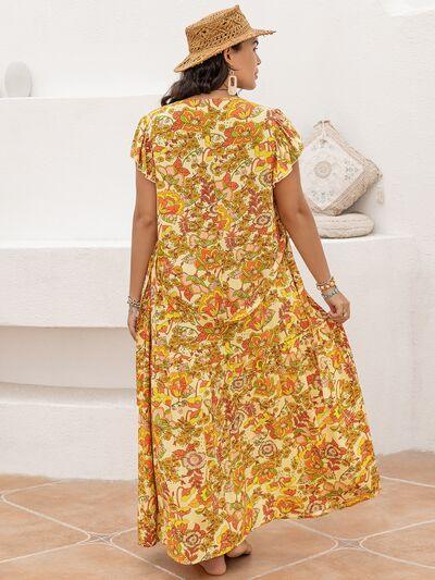 Plus Size Printed V-Neck Flutter Sleeve Tie Waist Maxi Dress