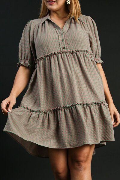 Umgee Full Size Plaid Frill Button Detail Ruffled Short Sleeve Dress Plus Size