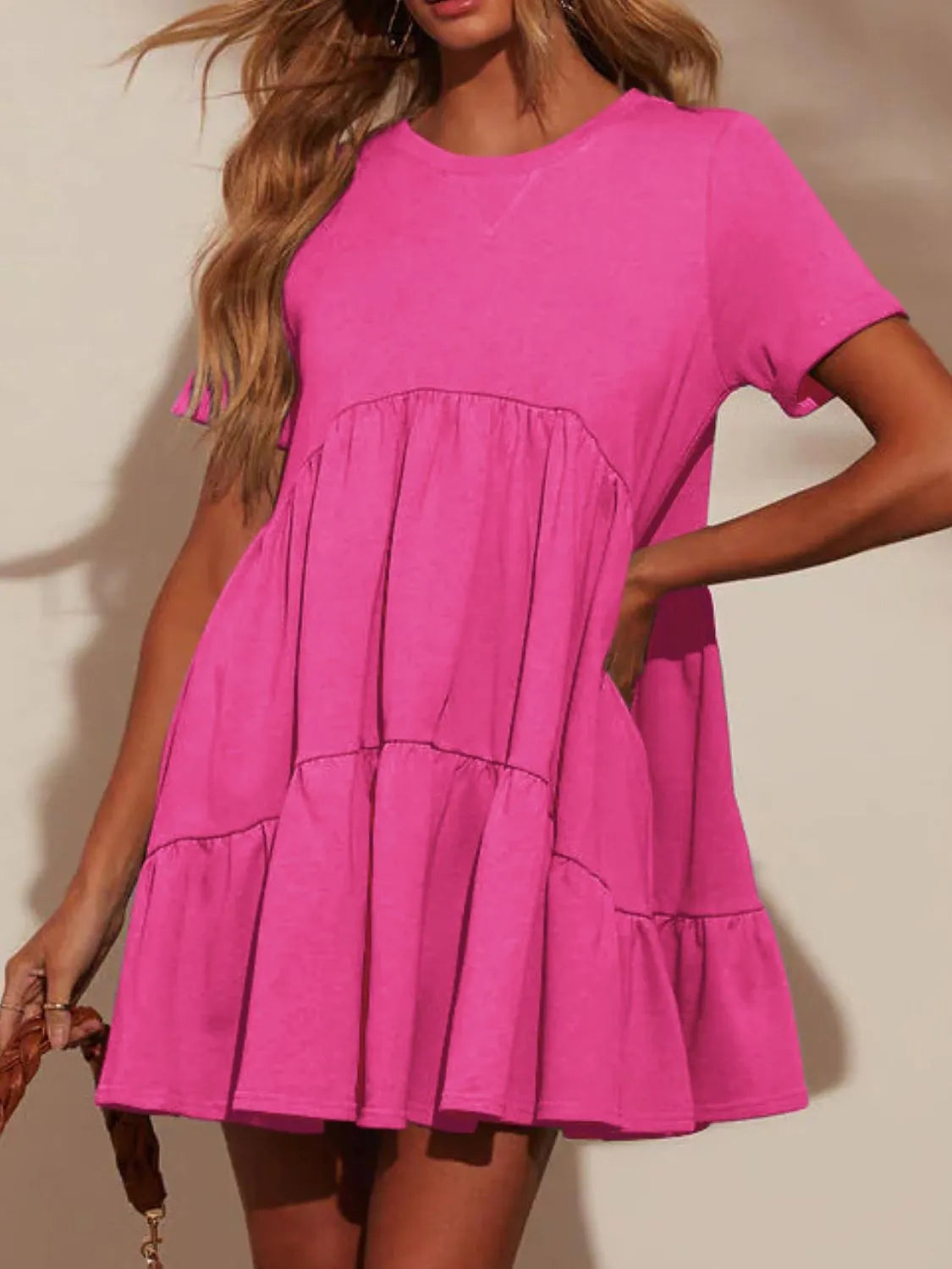 Tiered Round Neck Short Sleeve Mini Dress