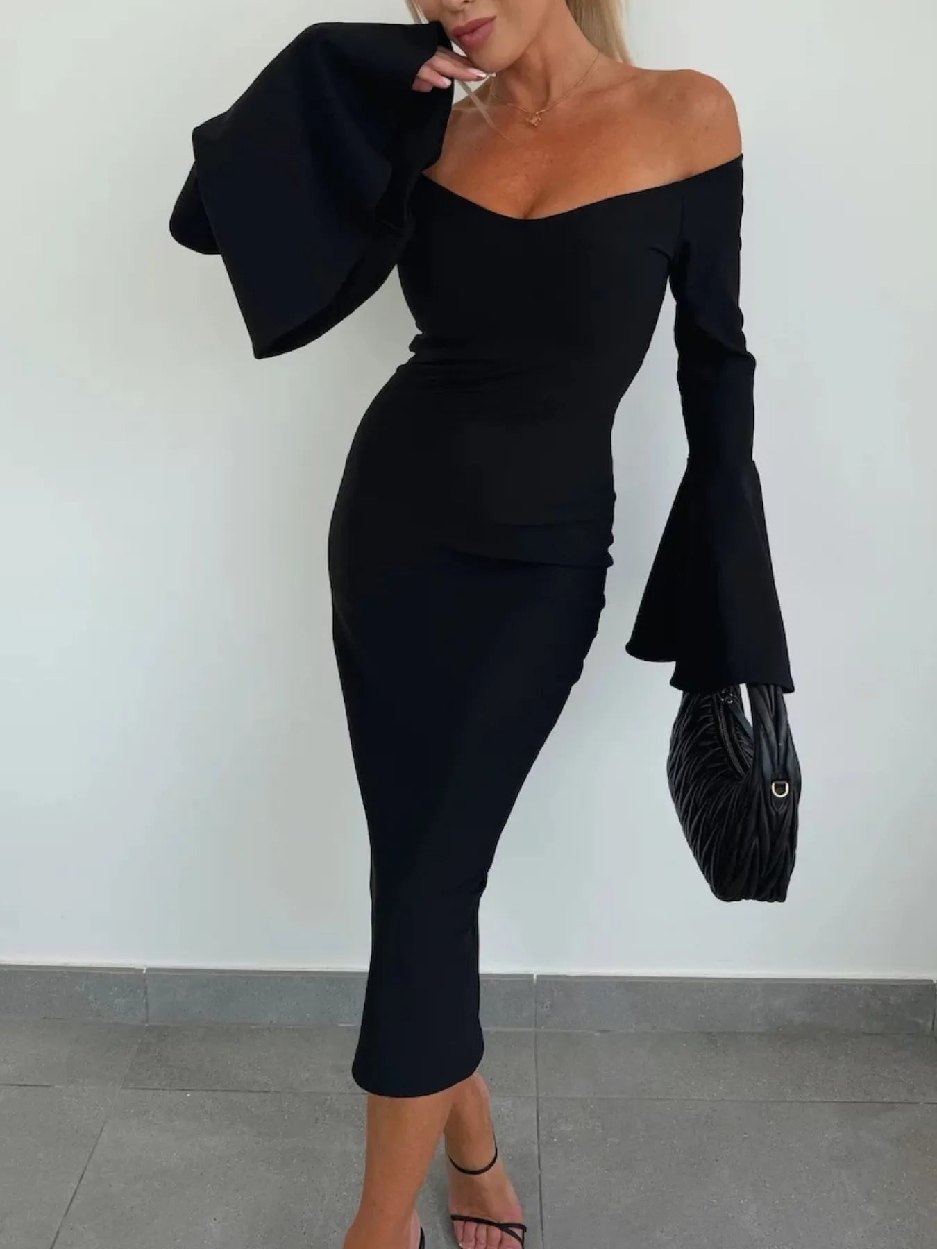 Off Shoulder Bell Sleeve Bodycon Midi Dress