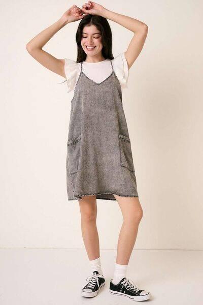 Mittoshop Washed Patch Pocket Mini Cami Denim Dress