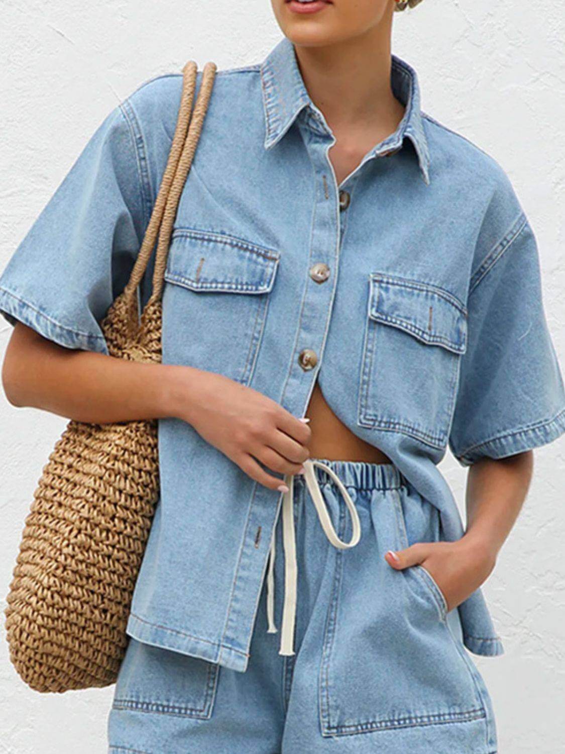 Button Up Half Sleeve Denim Shirt - Clothes For Her Online Store