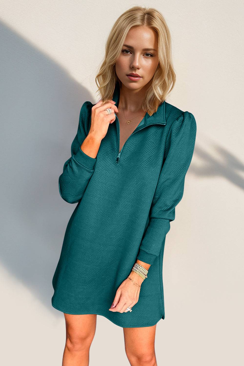 Double Take Textured Quarter Zip Long Sleeve Dress - Clothes For Her Online Store