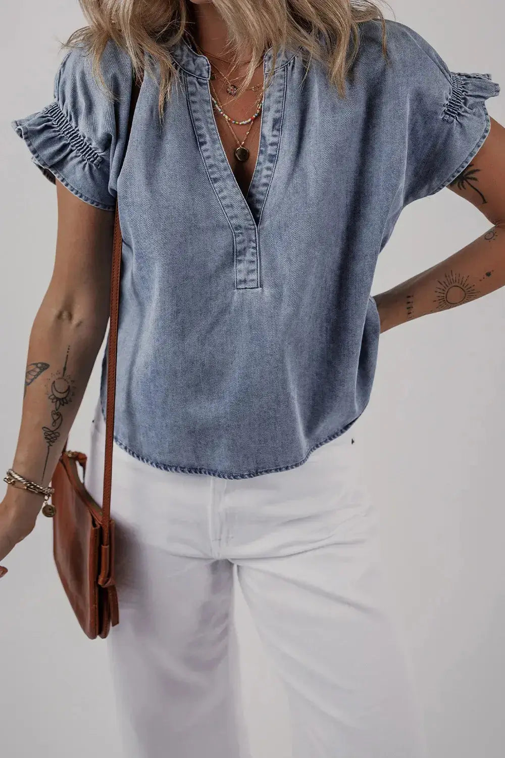 V Neck Ruffled Short Puff Sleeve Denim Top - Clothes For Her Online Store