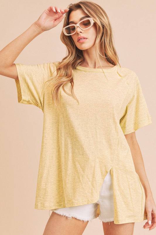 Aemi + Co Asymmetrical Front Slit Round Neck Raglan Sleeve T-Shirt - Clothes For Her Online Store