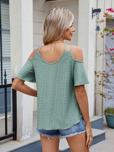 Florira Round Neck Cold Shoulder Eyelet T-Shirt