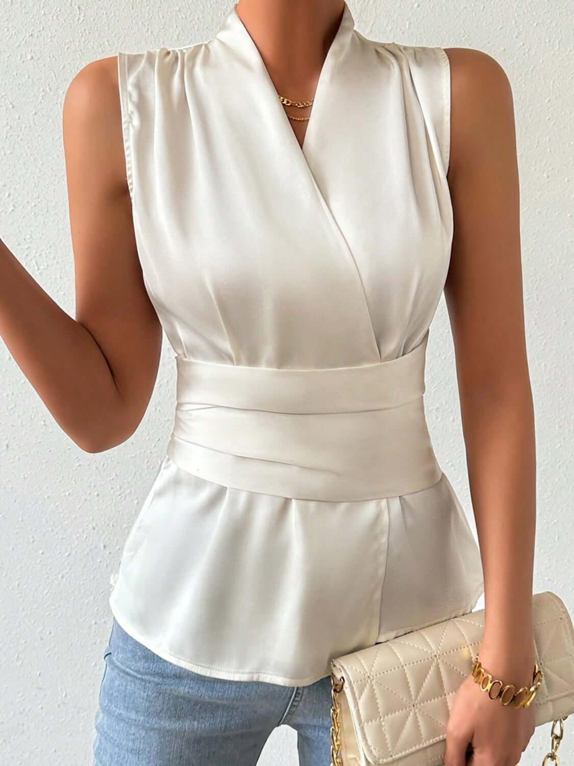 Surplice Sleeveless Satin Blouse