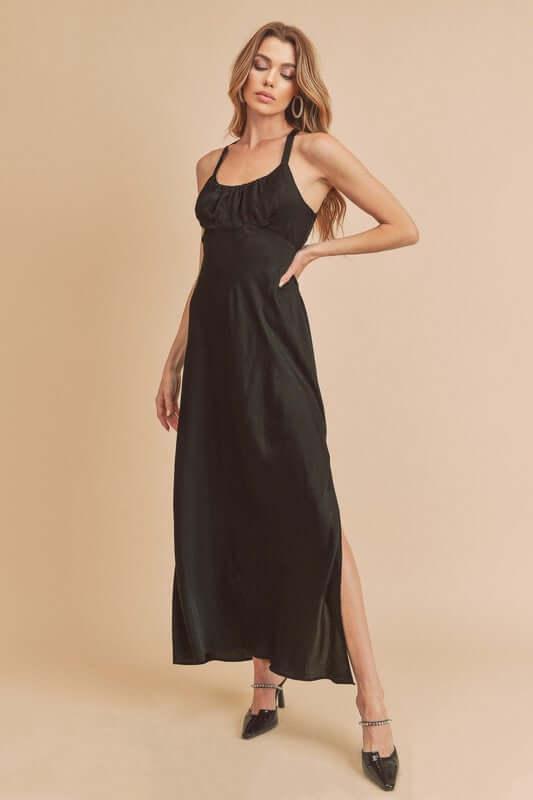 Aemi + Co Ruched Side Slit Cutout Back Maxi Cami Dress