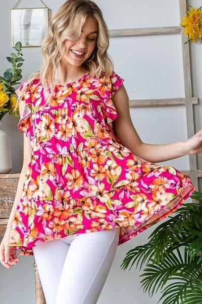 Heimish Full Size Butterfly Sleeve Floral Tiered Top Plus Size