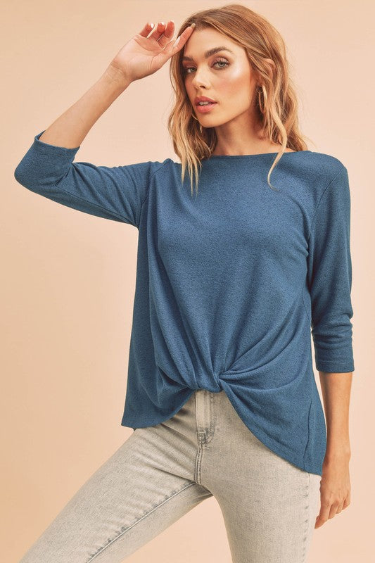 Aemi + Co Twist Front Round Neck 3/4 Sleeve T-Shirt - Clothes For Her Online Store