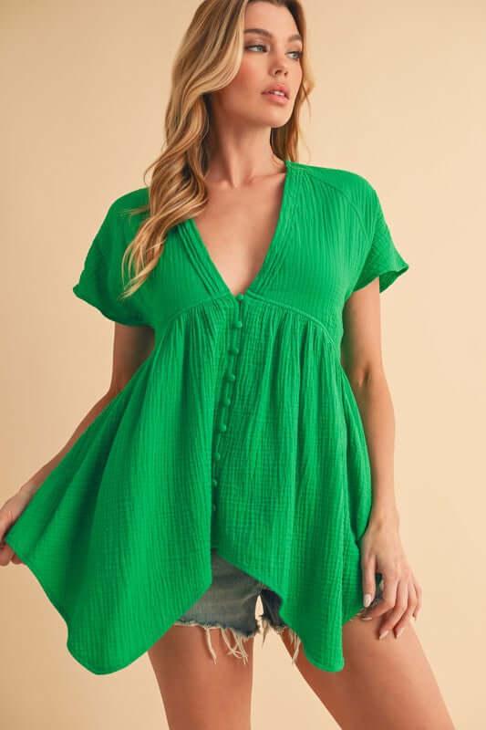 Aemi + Co Tuck Detail V-Neck Short Sleeve Blouse