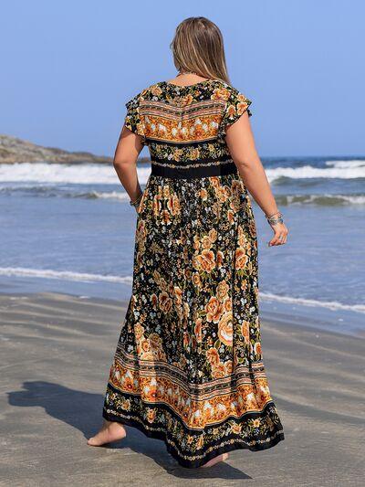 Plus Size Printed V-Neck Ruffle Cap Sleeve Maxi Dress