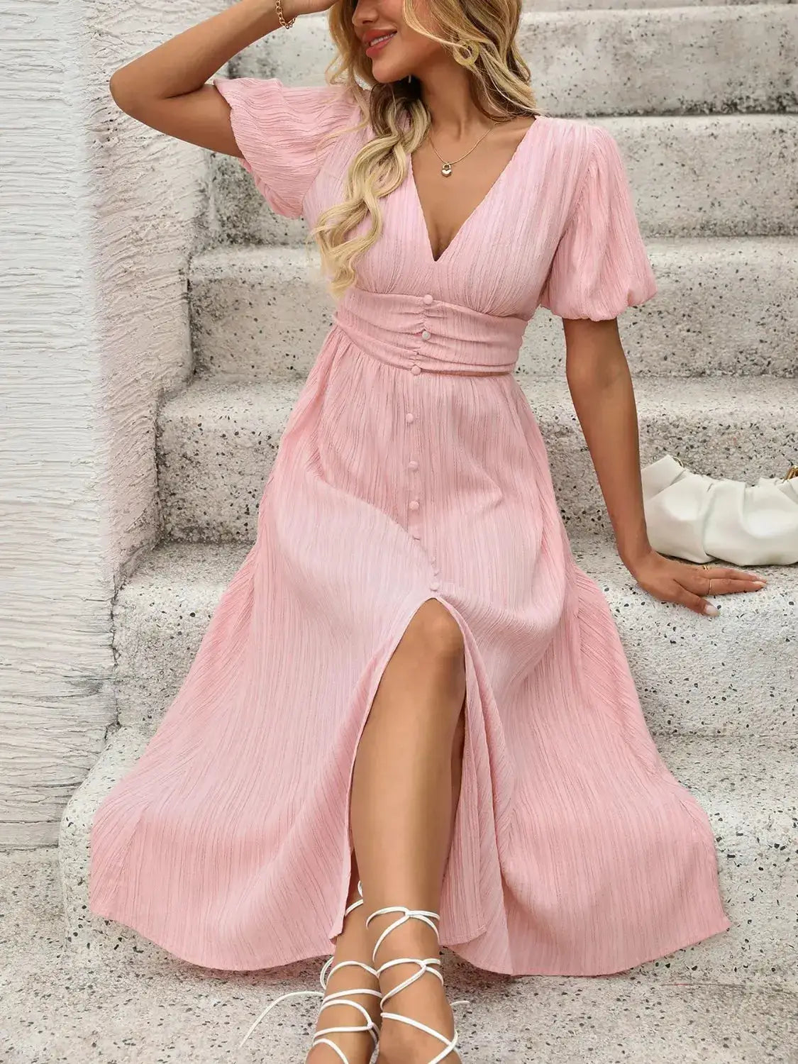 V-Neck Puff Sleeve Dress